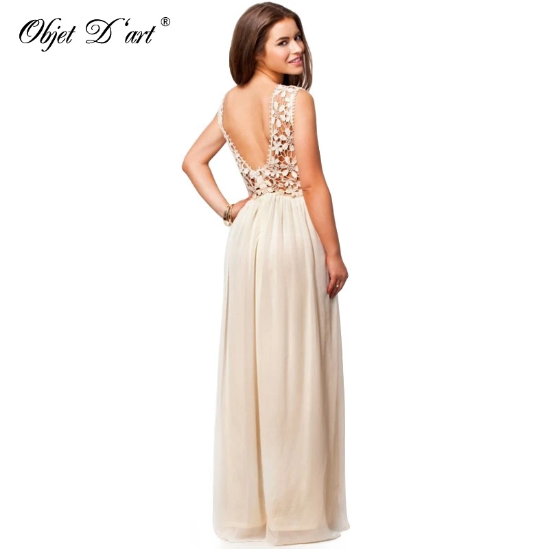 Летнее платье с низким вырезом на спине кружева для женщины. Круглый воротник и