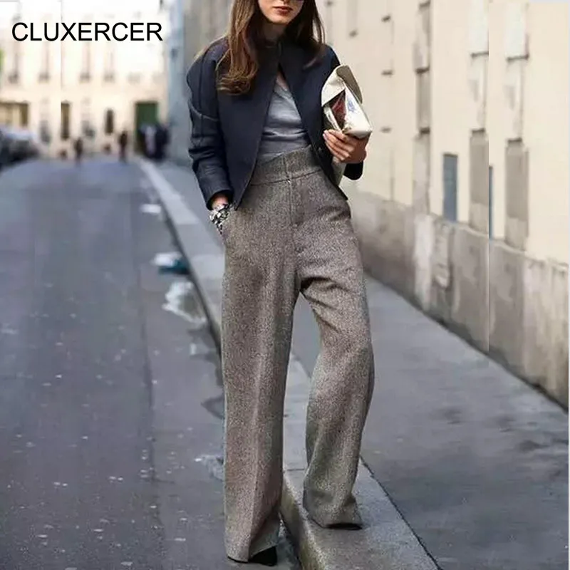 Новинка, Женская шерстяная куртка с длинным рукавом, пальто+ широкие штаны, костюм, женский комплект 2 шт., элегантный, Осень-зима, офисный женский костюм