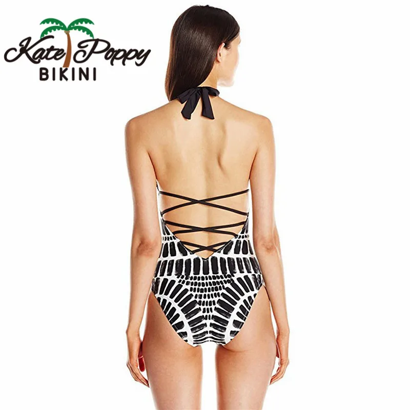 2018 Цельный купальник с открытой спиной высокой горловиной и принтом бикини