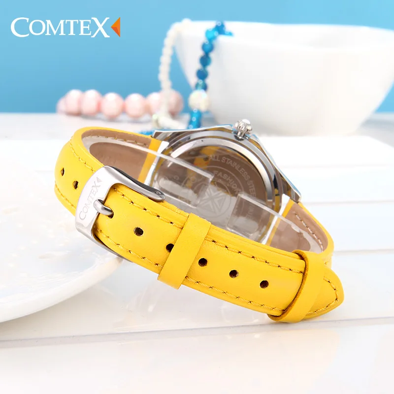 Comtex желтый женские часы Повседневная серебристый корпус Кожаный ремешок основа