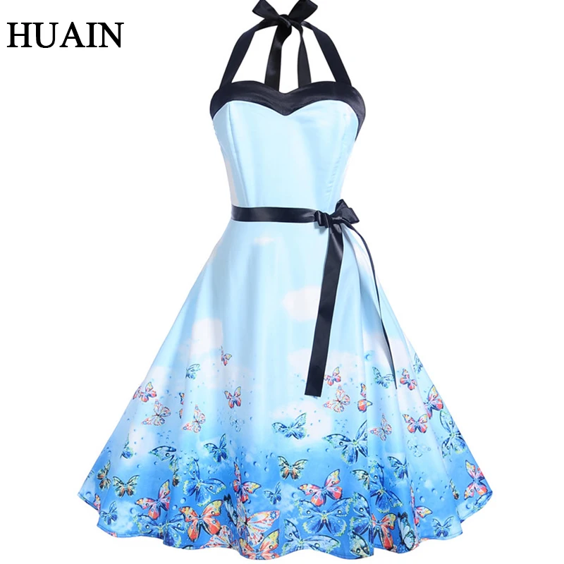 Off Shoulder Dress Women Blue Halter Sashes Print Elegant Summer 2019 European And American Style Fitness Female Clothing Женская