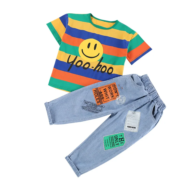 girl jeans sets F Комплект одежды для девочек, летняя одежда для девочек, короткий рукав, принт с сердцем+ рваные джинсовые шорты Детская одежда размеры для детей 6, 8, 10, 12 лет - Цвет: girl jeans sets F