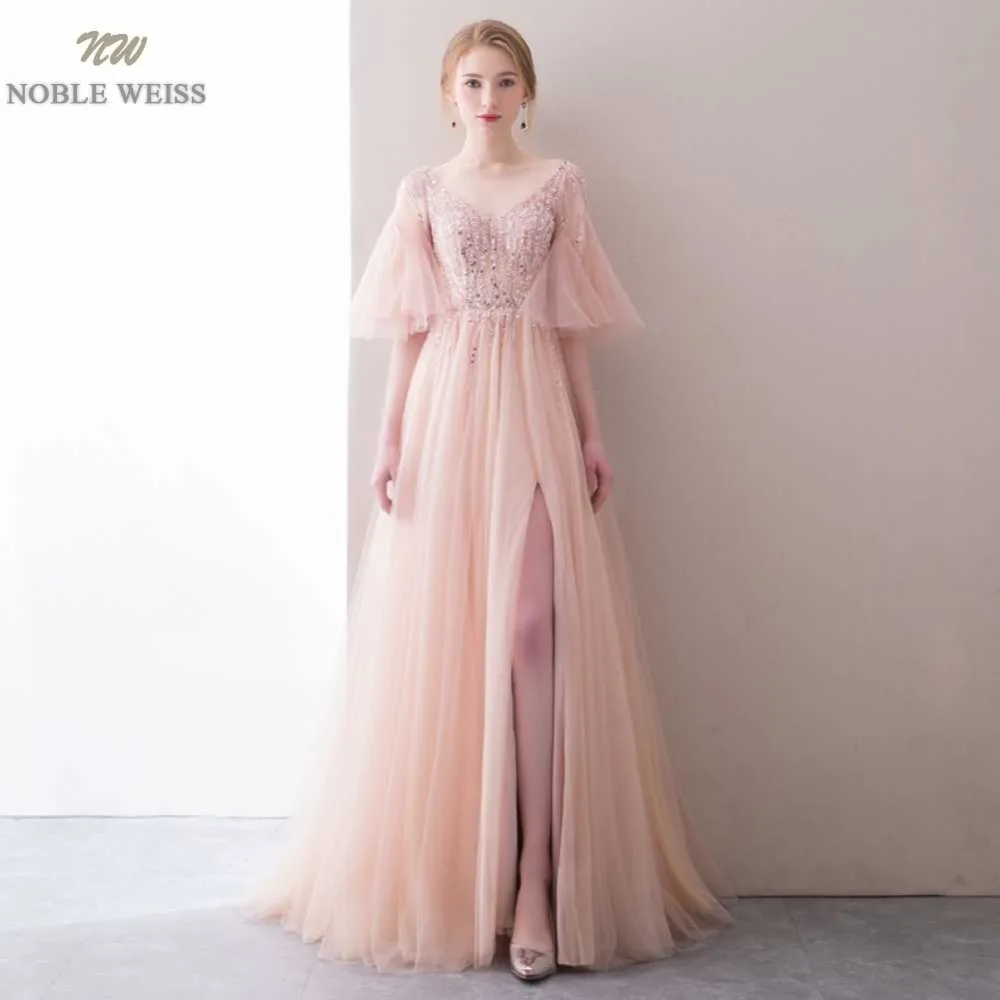 

NOBLE WEISS Robe De Soiree Floor-Length V-Neck Pink A-Line Evening Dresses Net Beading Custom Made Zipper Back Prom Party Gown