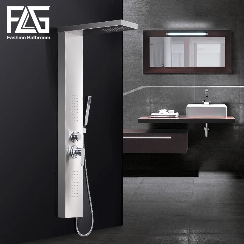 

FLG Stainless Steel Nickel Brushed Rain Waterfall Shower Panel Wall Mounted Shower Faucet with Jets Handshower Shower Set Column