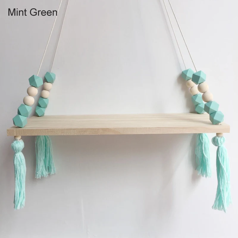 mint green Красочные бусины в скандинавском стиле, деревянная настенная полка с кисточками, украшение для детской комнаты, демонстрационный стенд для магазина детской одежды - Цвет: mint green
