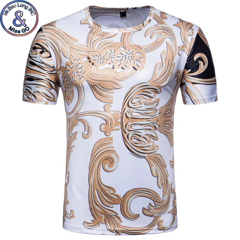 Роскошная брендовая мужская 3D футболка с золотым цветочным принтом 2018 модная в