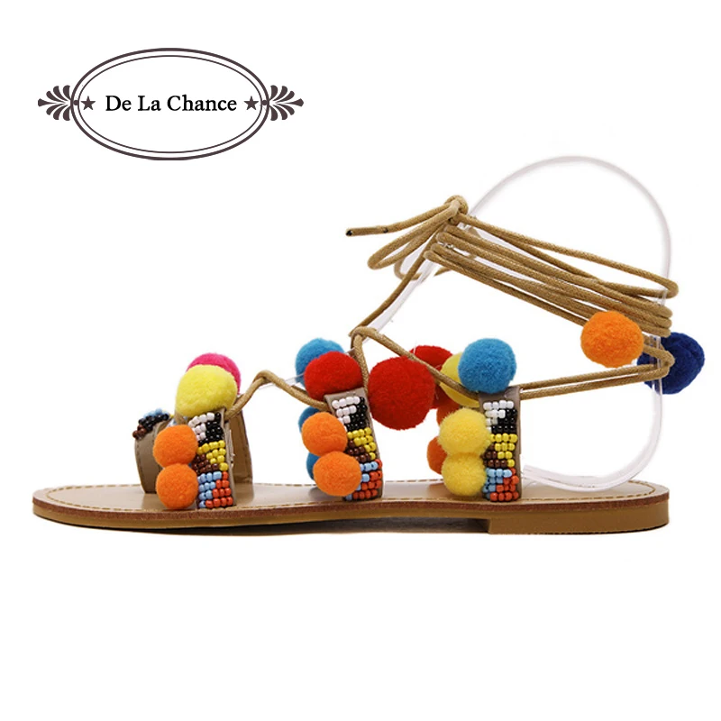 De La Chance Flat Sandals Female Summer 2017 New Lace Up Pompoms Ankle Strap Gladiator Women Leisure | Обувь