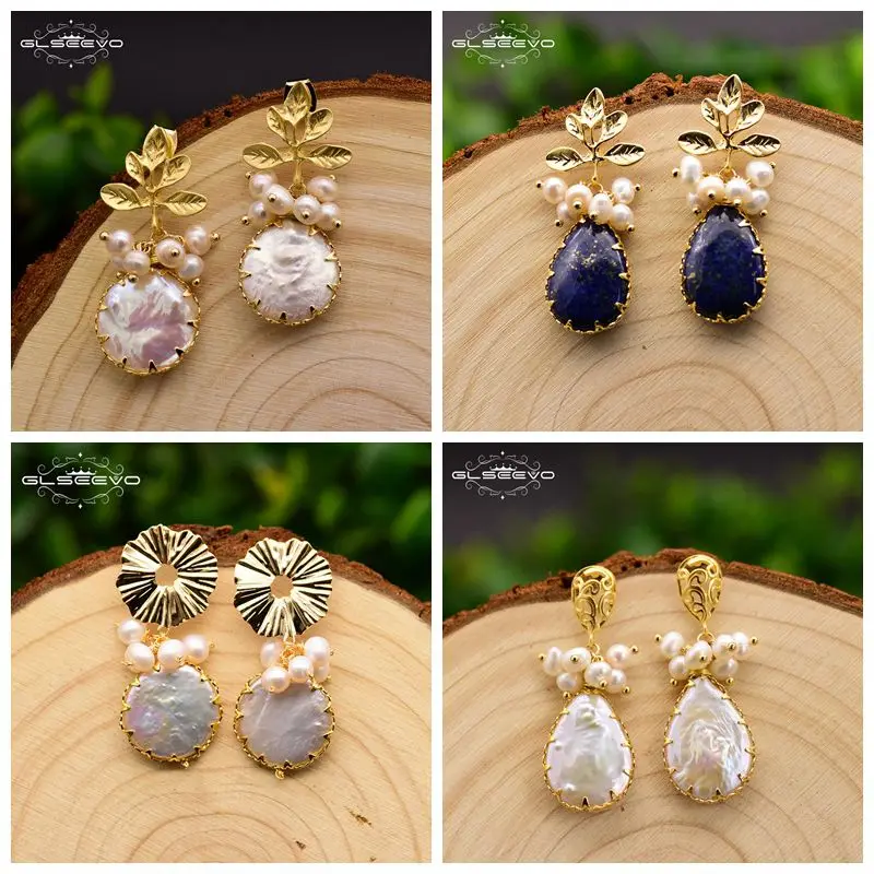 XlentAg Natural Fresh Water Baroque Pearl Drop Earrings Women Plant Leaves Dangle Earrings Luxury Handmade Fine Jewelry GE0308
