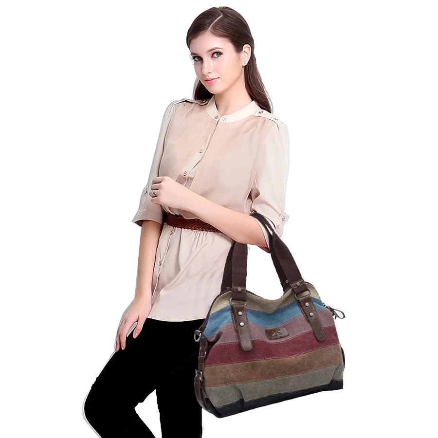 

2018 striped rainbow Color Patchwork shopping tote beach bag Patchwork School Messenger Bag New Fashion Casual Home Casual