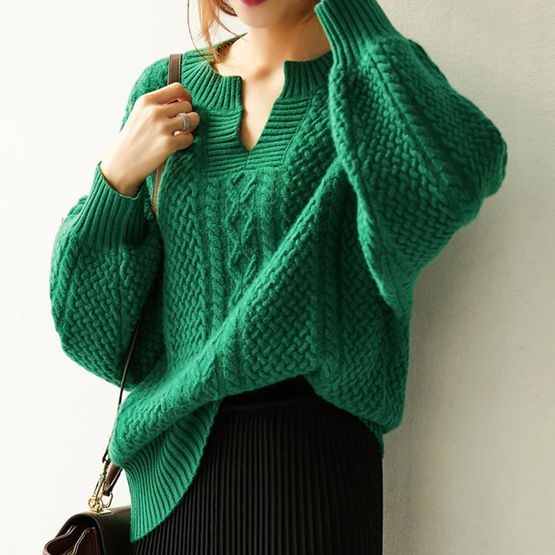 100%goat cashmere thick knit women vintage style Vneck pullover sweater H-straight wide loose lantern sleeve XS-L | Женская одежда