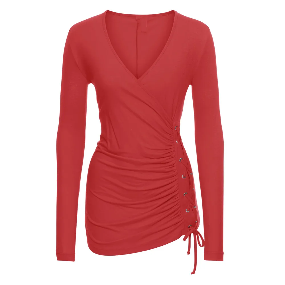 Красный Женские топы и блузки винтажные топы с v-образным вырезом на шнуровке и длинным рукавом Туника тонкая футболка женская одежда Blusas Feminina - Цвет: Красный