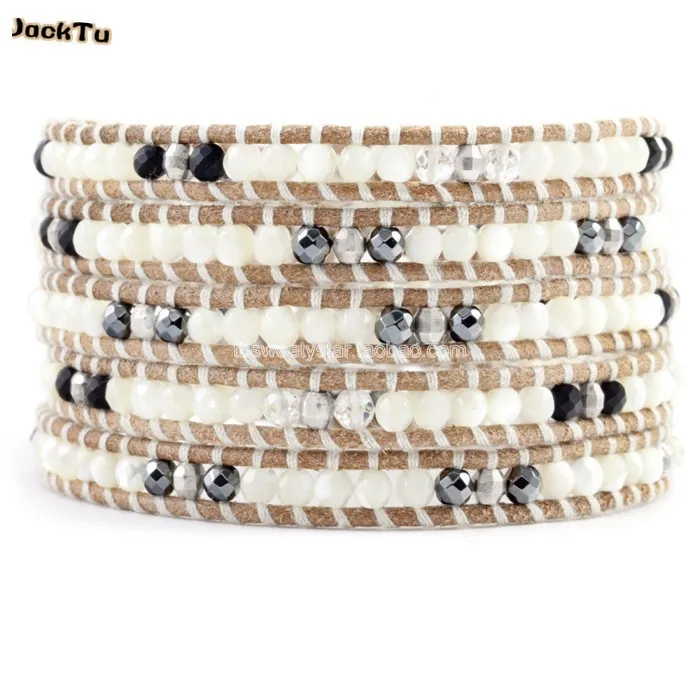 

JTJACKTU mixed pearl hematite stone wrap bracelet on beige leather