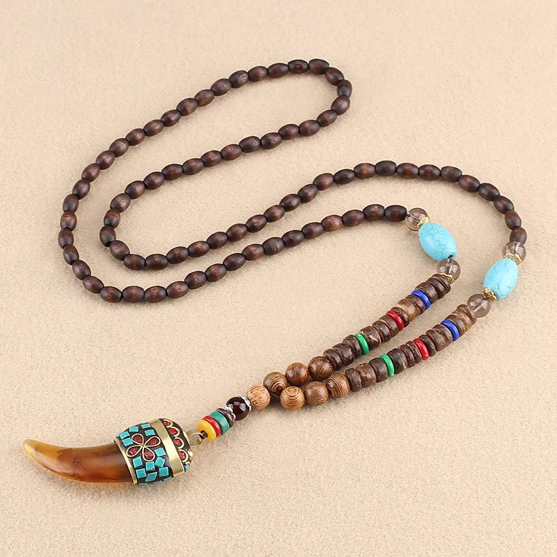 3 Tibetan Buddhist Mala Wood Beads Necklace Vintage Nepal Charm Ox Horn Pendant Necklace Women Meditation Rosary Necklace Dropship - Metal Color: 3