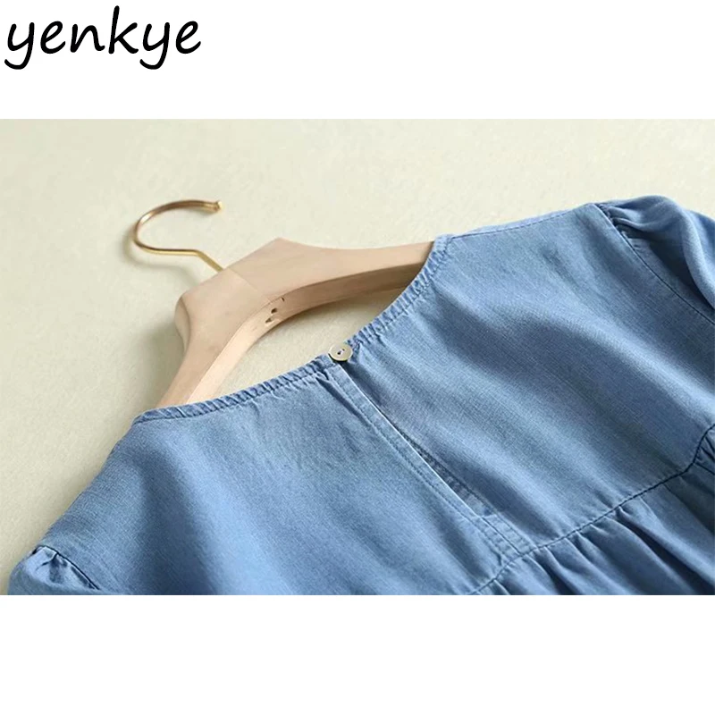 Женское джинсовое платье с кружевной отделкой повседневное мягкое круглым