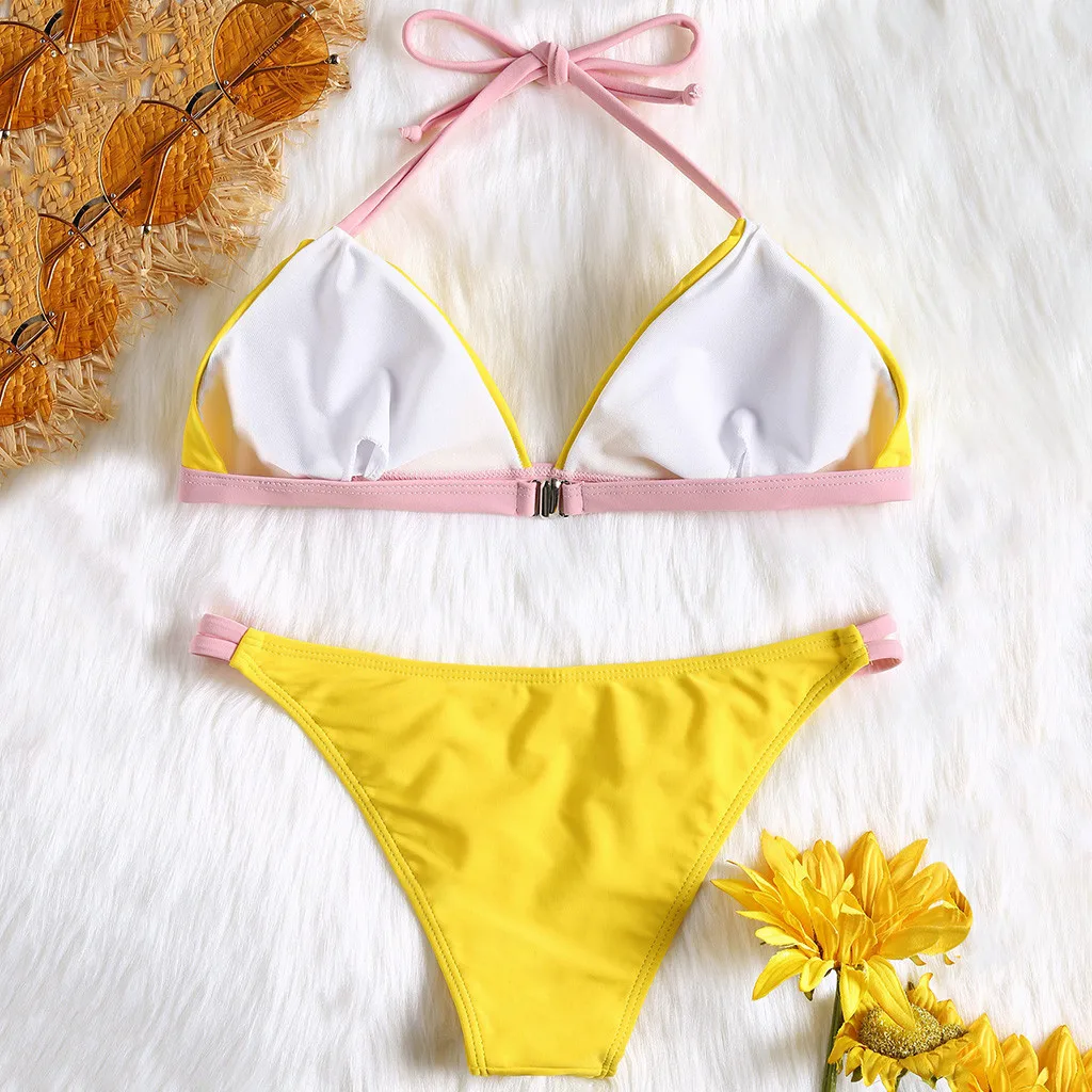 Женский купальник с пуш-ап однотонный пляжный комплект бикини мягкими чашечками