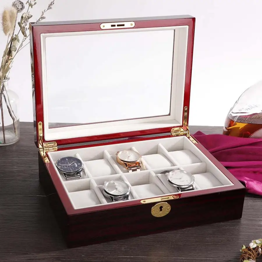 Деревянный ящик для хранения часов с 12 слотами органайзер чехол-контейнер ключом