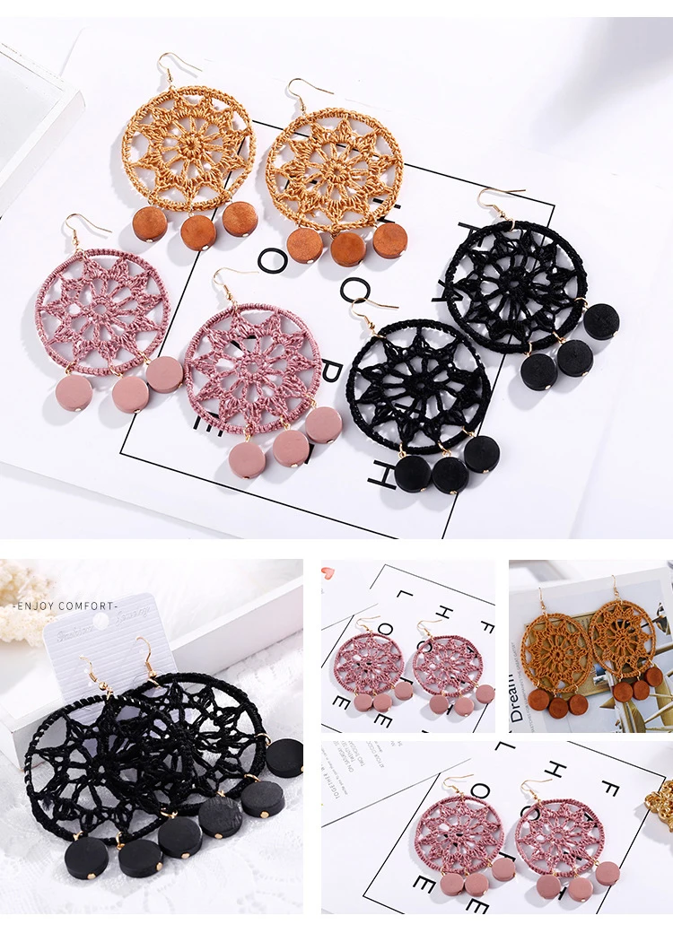 Вязать Dream Catcher серьги Для женщин падение круглые деревянные серьги аксессуары ювелирные изделия Лидер продаж волна Bijoux D 6 см большие девочки подвески