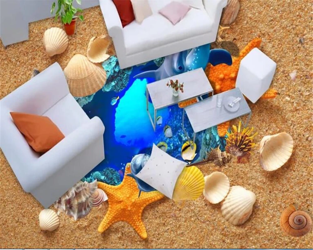 

beibehang High-definition 3D beach Dolphin floor painting stickers waterproof self-adhesive 3D wallpaper pvc self adhesive