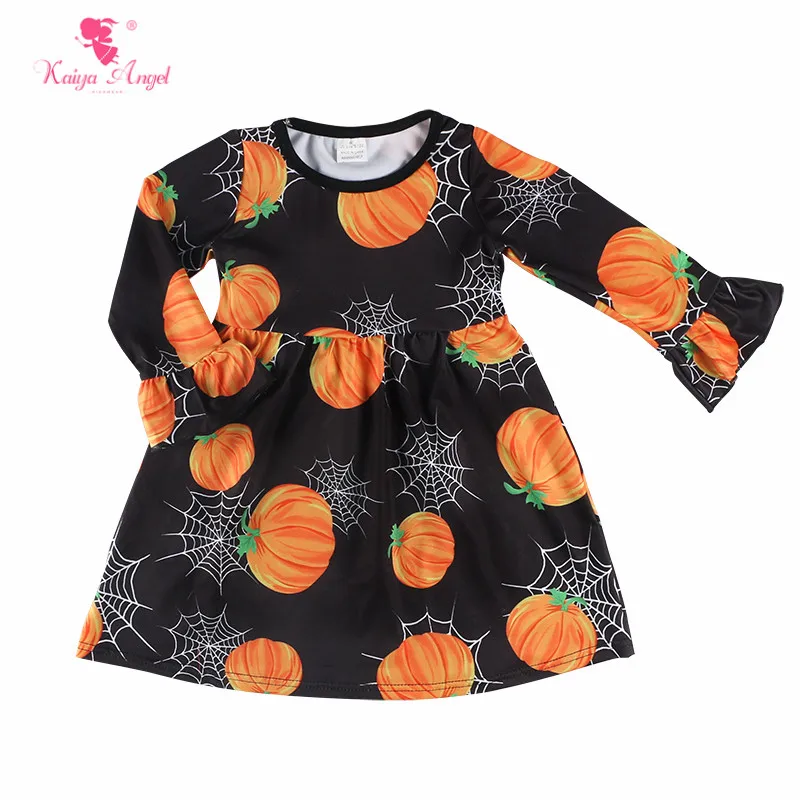 Kaiya Angel Latest Baby Girls Dresses Halloween Pumpkin Printed Long Sleeve Fall Clothes Wholesale Children Boutique One Piece | Детская