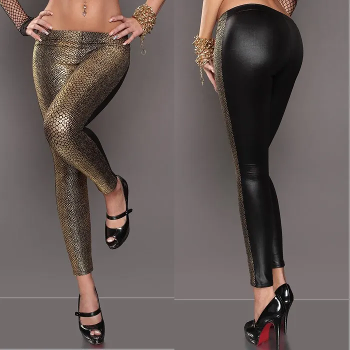 Женские леггинсы из змеиной кожи черные/Серебристые/золотистые облегающие для