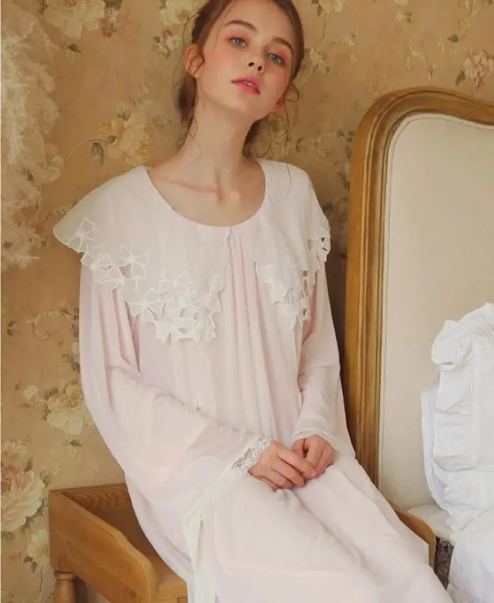 Ночная рубашка принцессы с бантом из 100% хлопка женское кружевное платье в стиле