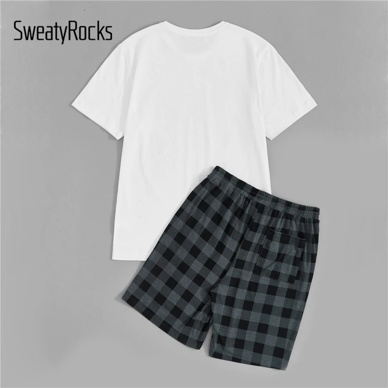 SweatyRocks, Мужская Однотонная футболка и шорты с клетчатым принтом, PJ набор,, мужская повседневная одежда для сна, летние пижамы для мужчин, s одежда для сна