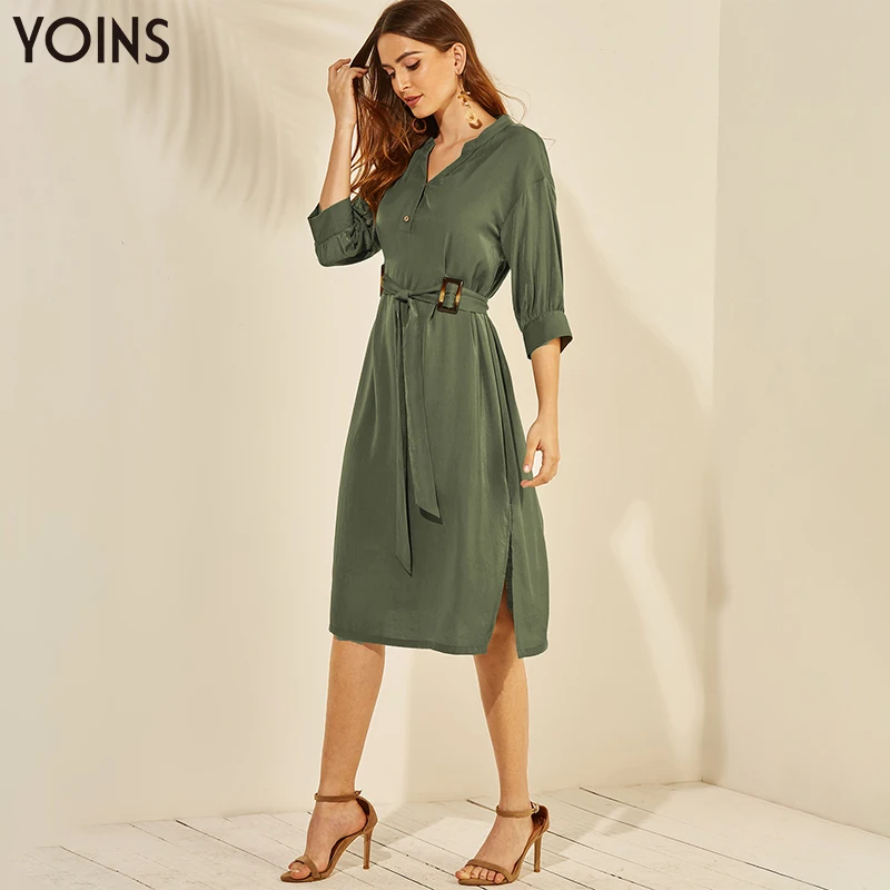 YOINS 2019 женское платье осень лето миди с v образным вырезом самозавязывающееся