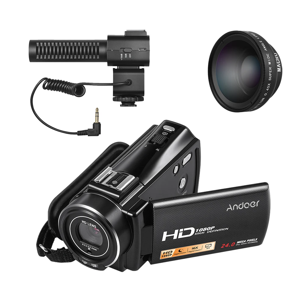 Andoer Цифровая видеокамера Fotografica 1080P Full HD 24MP портативный + внешний микрофон 0.45X