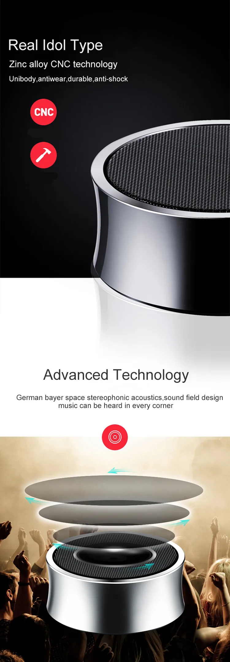 Yescool PMC-02 Bluetooth динамик Новое поступление стерео Hi-Fi супер бас металл CNC портативная Спортивная звуковая коробка Горячая