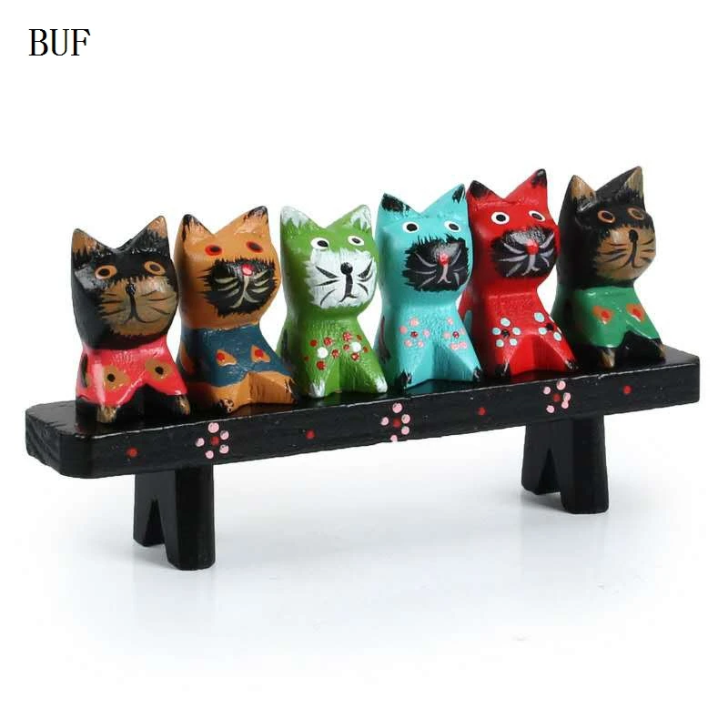 

BUF 6Pcs/Set Southeast AsiaStyle Wooden Cat With Desk Ornament Statue Creative Handmade Home Decoration Accessories Wedding Gift