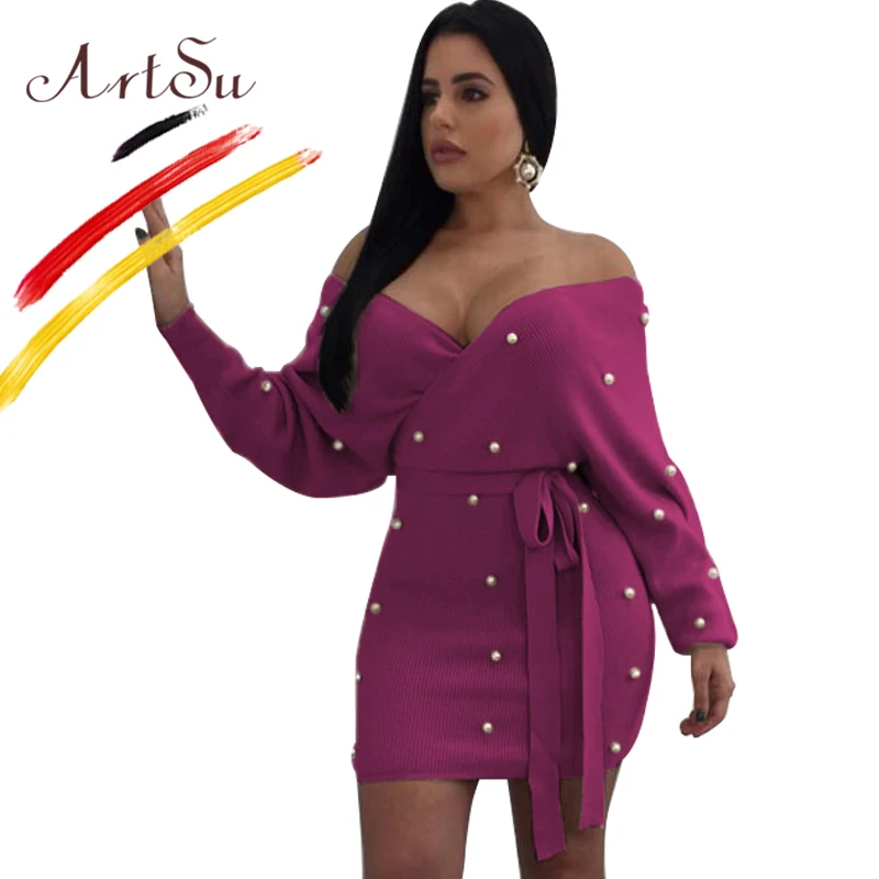 Женское трикотажное мини платье с открытыми плечами и V образным вырезом|long sleeve