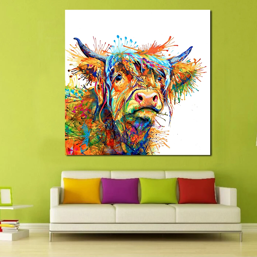 JQHYART абстрактная картина с животным Love To Play Cool Cow Home Decor на стену для гостиной без
