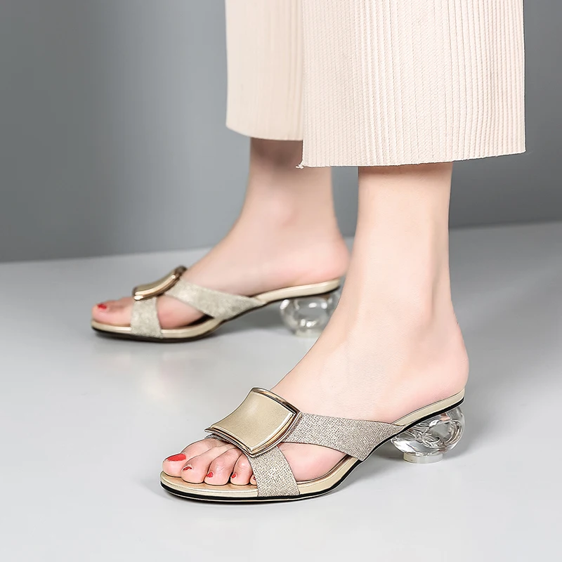 Женские шлепанцы из натуральной кожи на высоком каблуке сандалии Золотистые