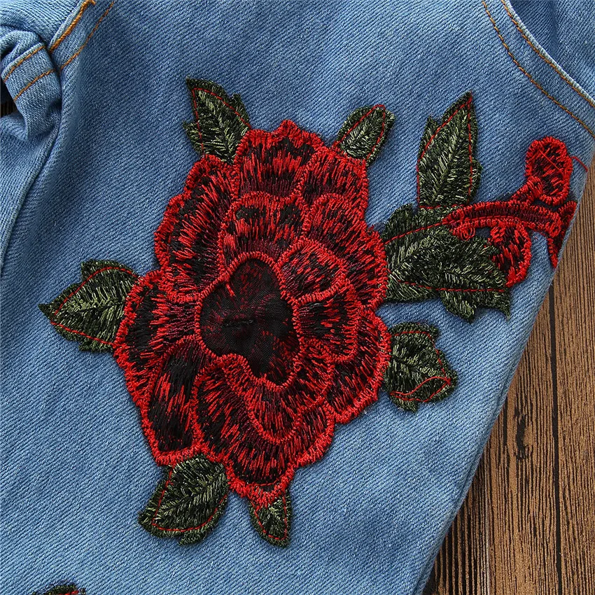 

Girls Strap Lace T-shirt Top+Embroidered Jeans Summer European Style Kids Clothes Fashion 1-5 Year Wear Girls Clothes Sets