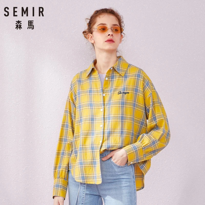 SEMIR Женская клетчатая длинная рубашка из хлопка, куртка с вышивкой, Женская длинная рубашка с отложным воротником и зауженной талией