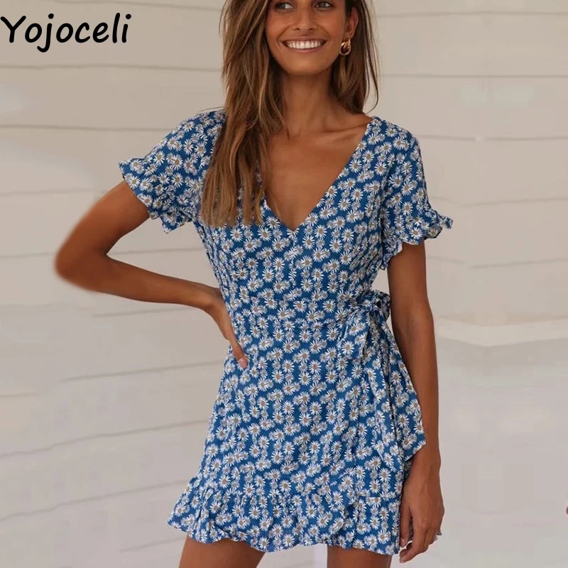 Женское Короткое платье Yojoceli элегантное пляжное с цветочным принтом и оборками