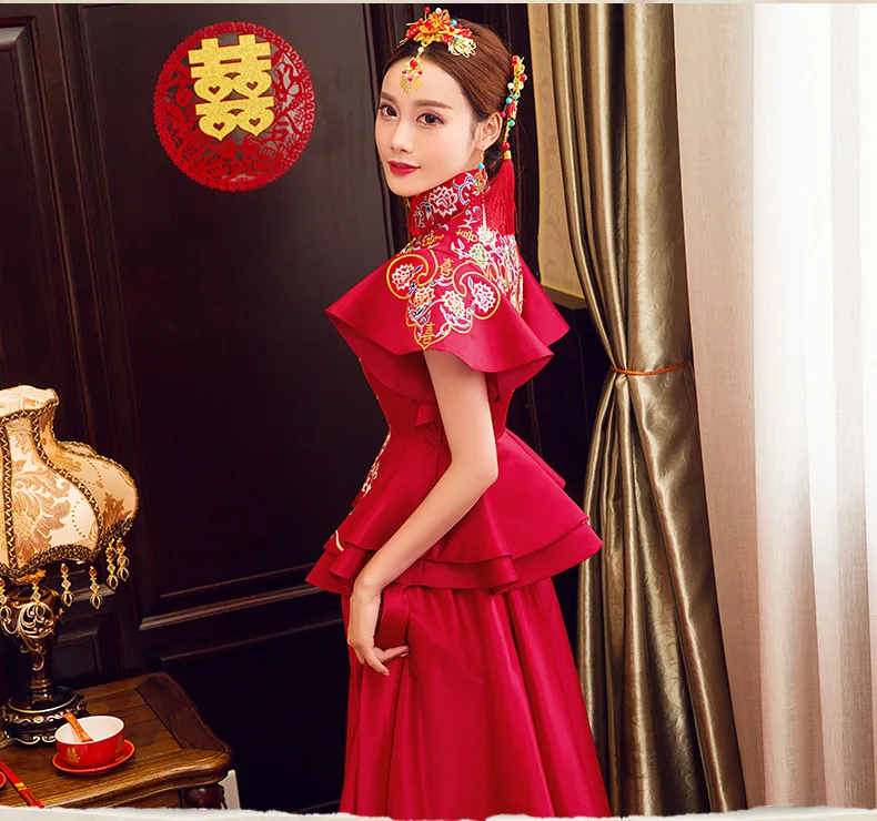 Традиционное китайское свадебное платье Современная вышивка Cheongsam длинное Qipao красные восточные воротники вечерние платья платье с драконом Халат