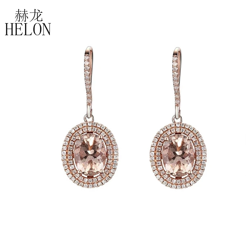 HELON 6x8 мм Овальный 2.5ct морганит висячие серьги Твердые 14 к розовое золото натуральный бриллиант обручение для женщин модные ювелирные изделия серьги