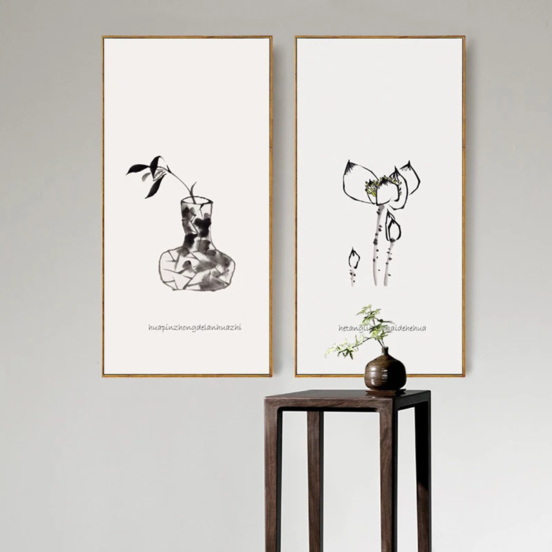 Традиционный китайский черно-белый вазон из фарфора HAOCHU с изображением бамбука и лотоса в технике моющей краски с элементами типографии и возможностью подвески в учебной комнате.