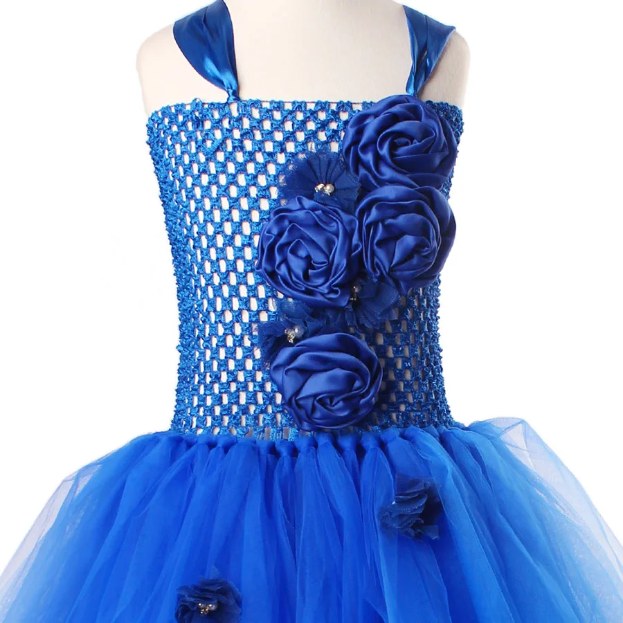 Kids Blue Flower Long Tail Tutu Dress 2018 new Baby Girl Floral Elegant Costume Princess Wedding Ball Gown Birthday TUTU | Детская