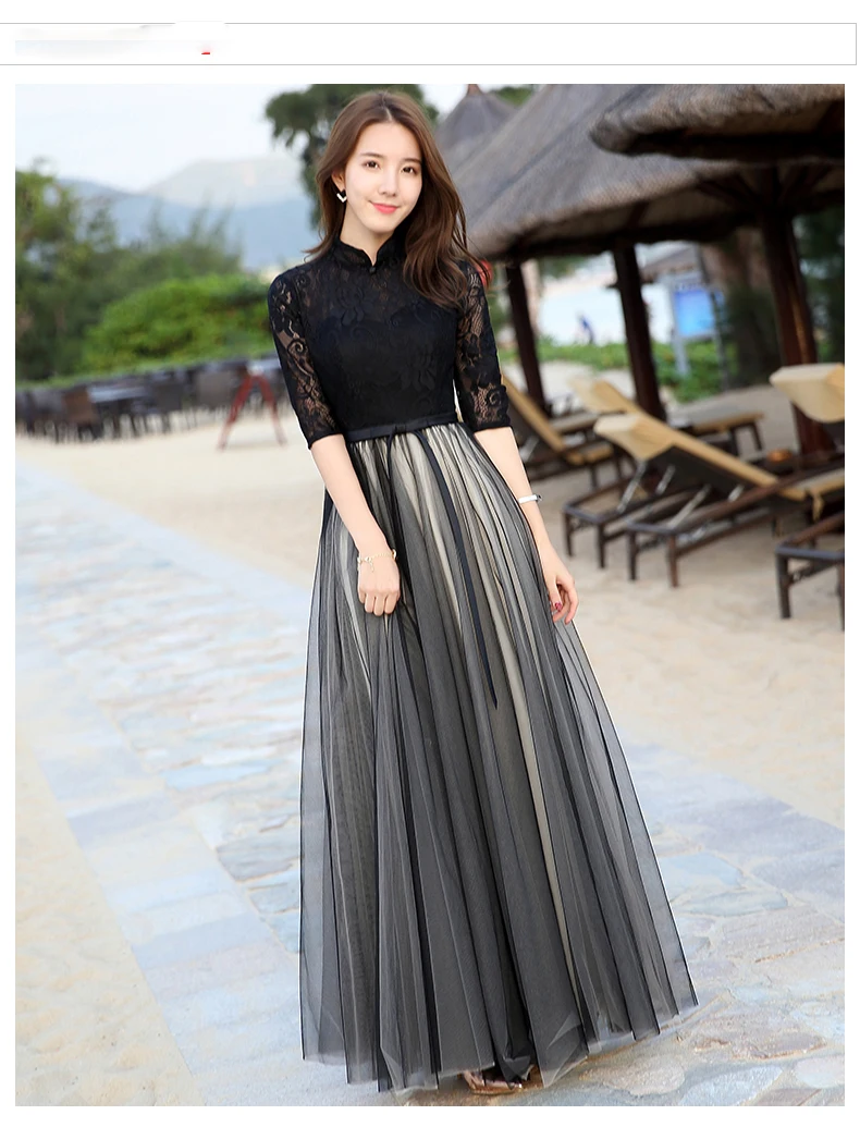 Черный Длинные Кружева Вечерние Платья A-Line Молния Пром Ручной Работы 2017 Сшитое