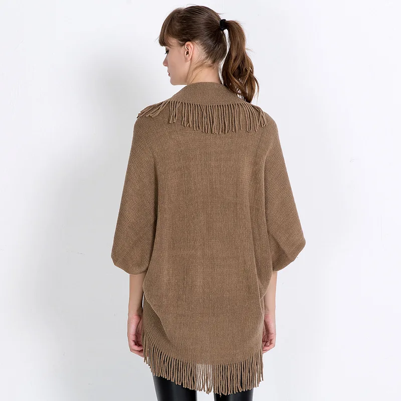 Autumn Women Poncho And Capes Femme Hiver Cardigan Shawl High Elastic Khaki Tassel Knitted Ladies Sweaters Long Coat |