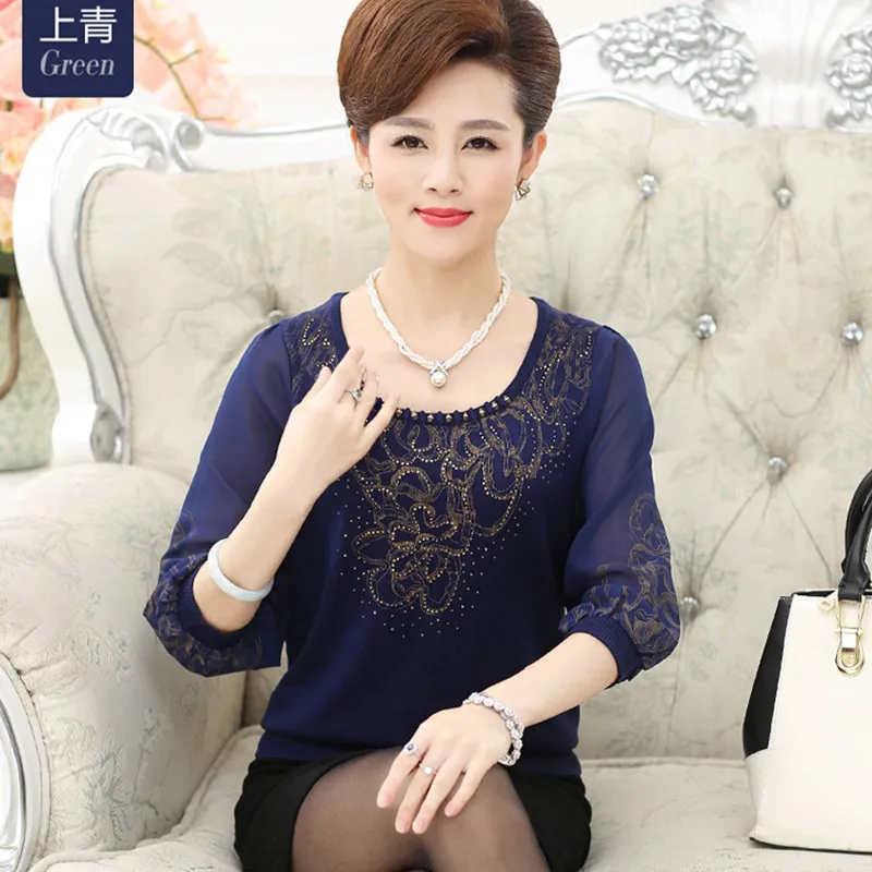 Women Spring Summer Loose Knit Blouse Shirt Plus Size 4XL Middle Aged 2019 New Chiffon Half Sleeve Printed Pullover Thin Tops |