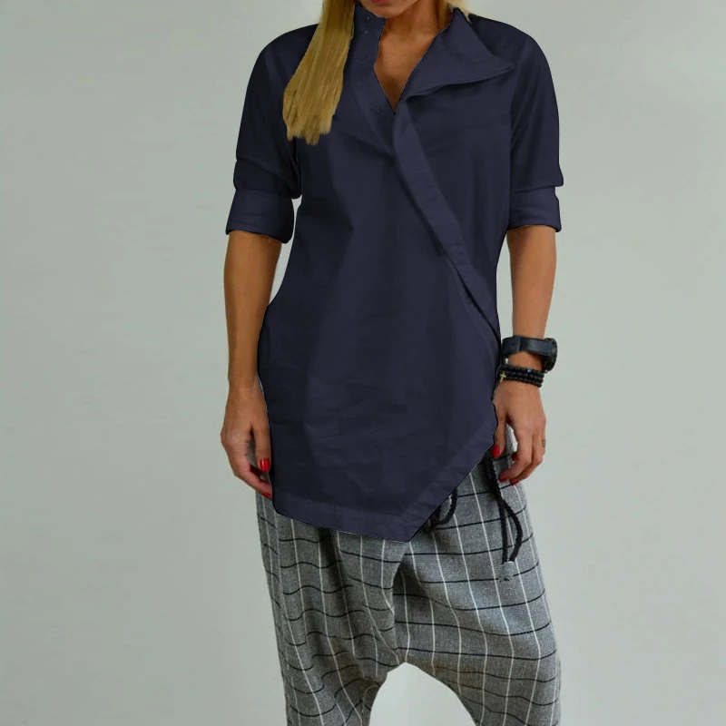 Navy Celmia Весна Blusas Chemiser Femininas Необычные льняные блузки женские повседневные свободные Туники Топы на пуговицах длинные рубашки размера плюс - Цвет: Navy