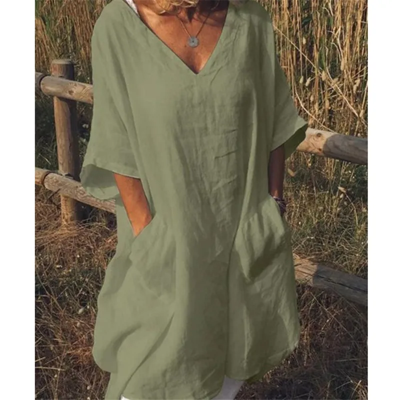 Casual Women Linen Cotton Dress Ladiess Printed Short Sleeve Loose Sundress O-Neck Baggy Pockets Mini Dresses | Женская одежда