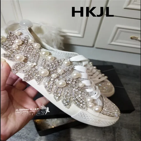 HKJL/Новинка года; ручная работа; инкрустированный стразами; парусиновая обувь на плоской подошве с низким берцем; обувь со стразами и жемчугом