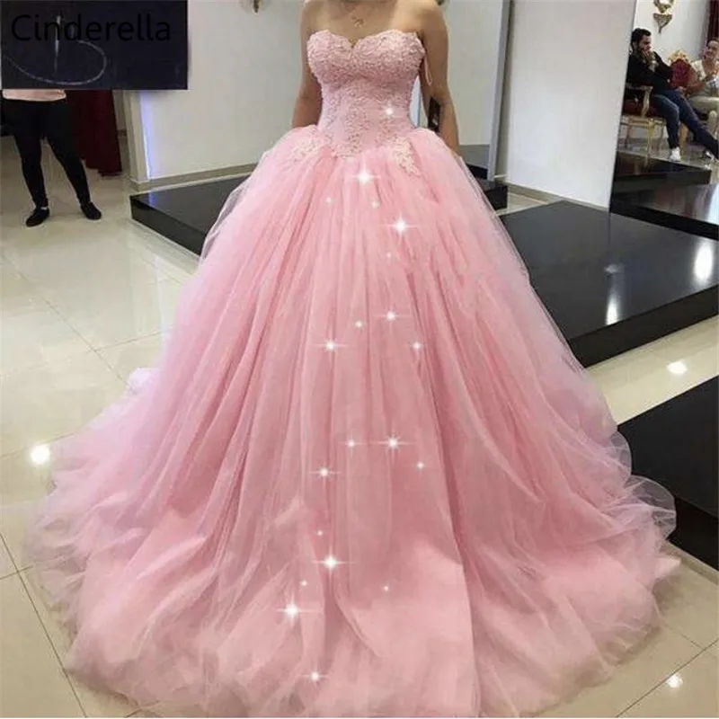 

Cinderella Pink Sweetheart Sleeveless Pink Tulle Lace Applique Lace Up Ball Gown Evening Dresses vestidos de fiesta de noche
