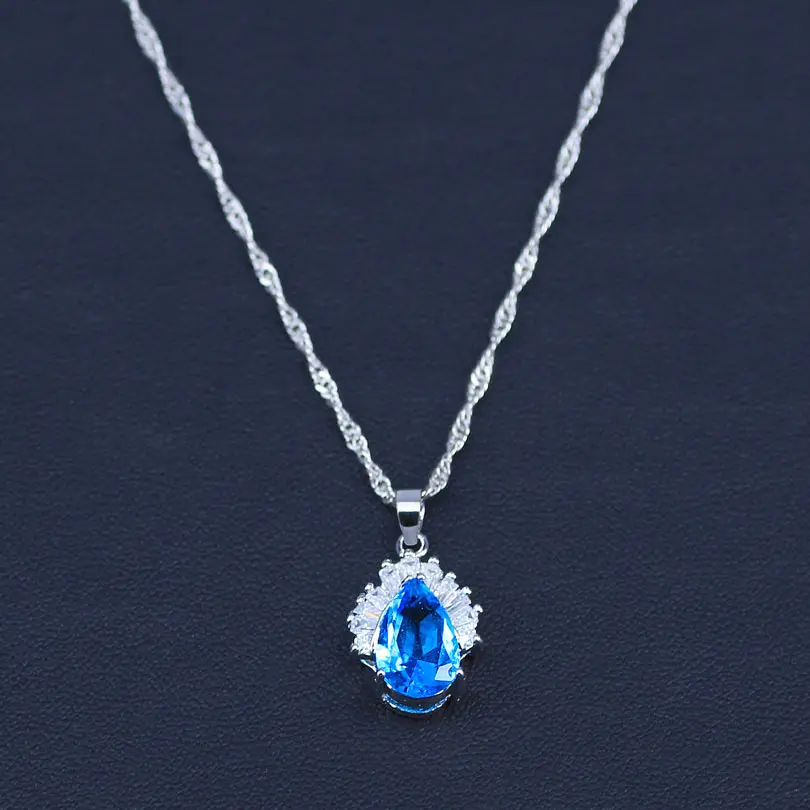 Pretty Present For Girls Graduation Sky Blue Long Water Drop silver color Jewelry Sets long earrings ring pendants rings | Украшения и