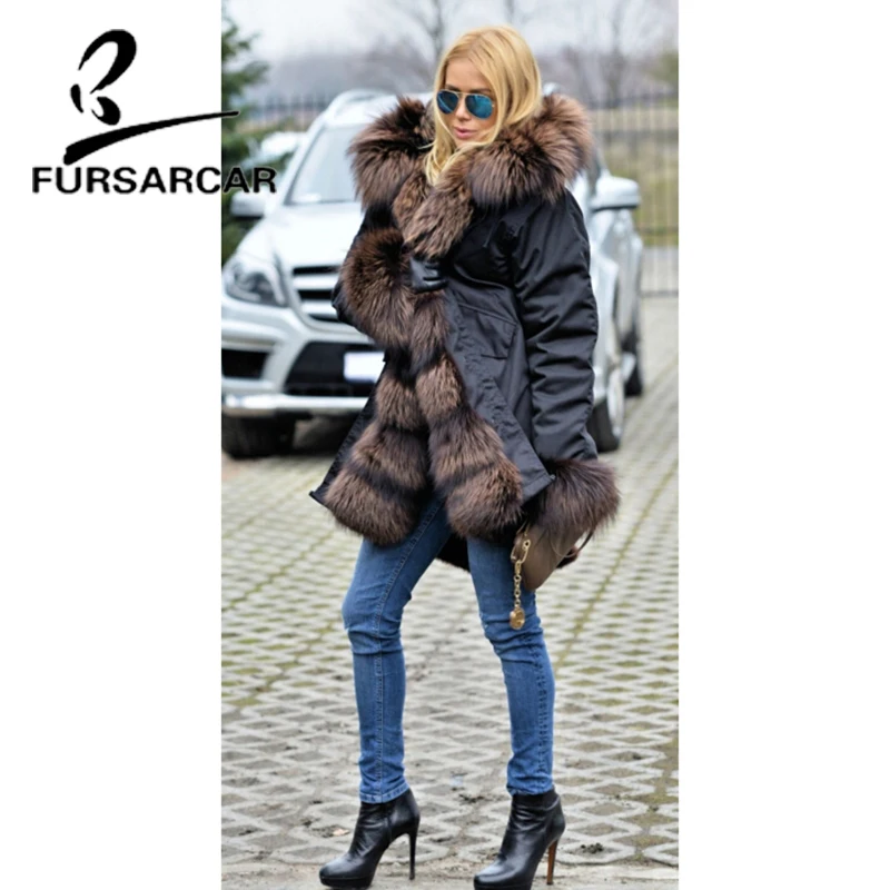FURSARCAR Luxury New Real Fur Coat Women 80 CM Length Top Quality Winter Thick Warm Fur Parka With Fox Fur Trim Hood And Cuff