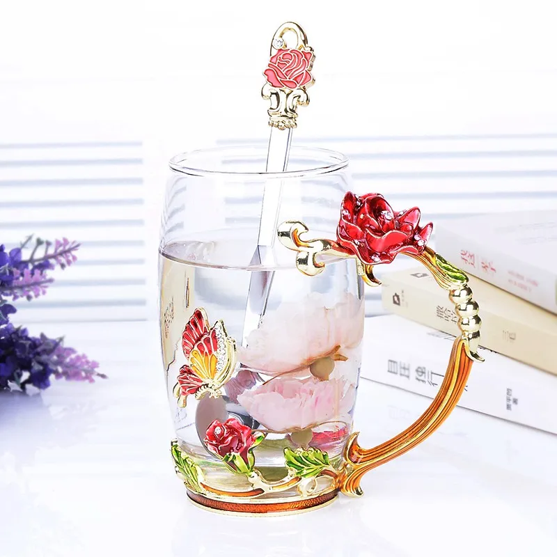 cup with spoon 1 Красота и лучшая новинка эмалированный цветок, чашка с кофе кружка чай бабочка стеклянные чашки для свадебных подарков Рождественский подарок - Цвет: cup with spoon 1